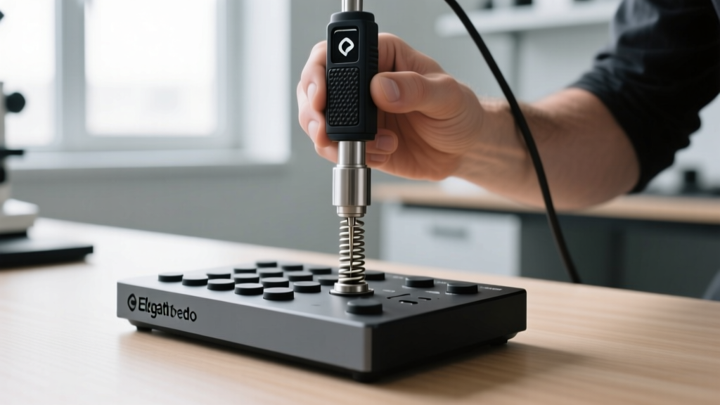 Tester applying a digital force gauge to the Elgato Stream Deck Pedal to measure actuation resistance and spring degradation