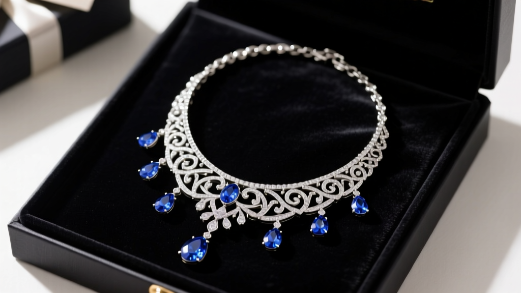 Top-down view of a gift box with a platinum festoon necklace and sapphire drops on dark velvet, luxury holiday gifting scene.