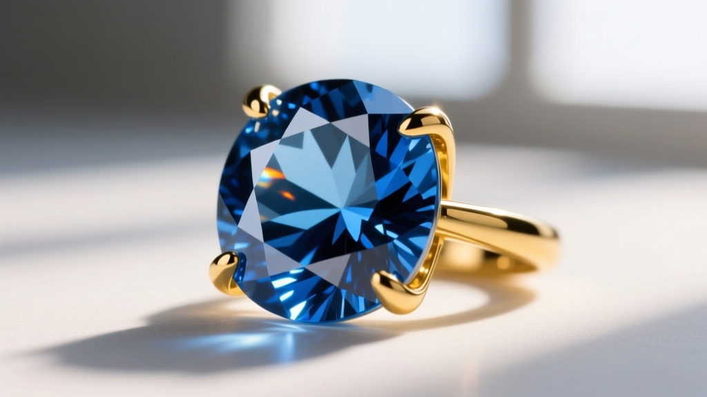 Macro shot of a bare-set London blue topaz gem in an 18k yellow gold prong setting, highlighting the inky blue facets and light.