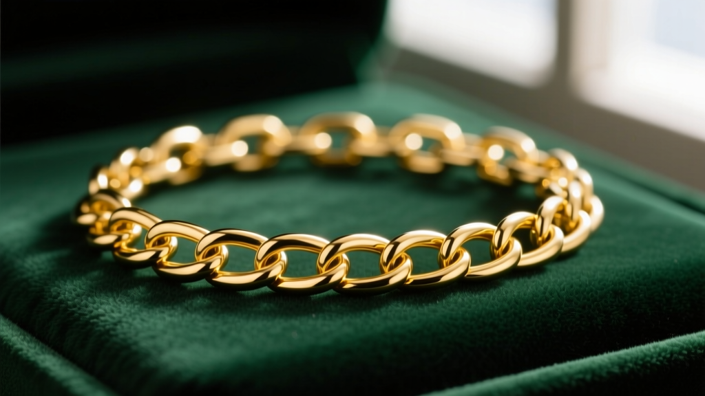 Macro shot of an 18k yellow gold paperclip chain on dark green velvet, highlighting the link joints and warm metallic luster.