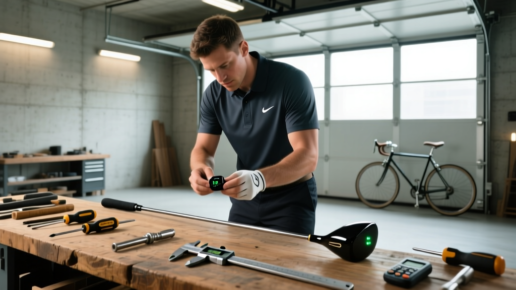 Golfer attaching a small black electronic sensor to the grip end of a golf club in a well-lit garage workshop with tools on the bench
