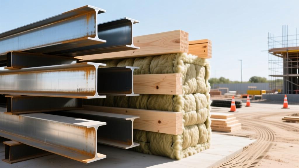 Stacked structural steel I-beams next to engineered wood LVL beams and mineral wool insulation batts on a bright construction site