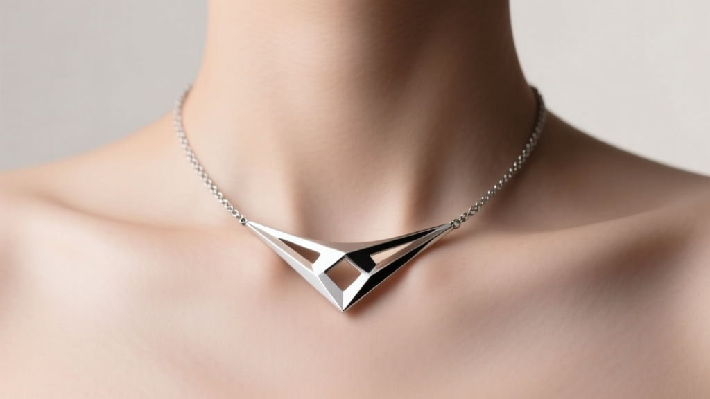 Minimalist 316L surgical steel diffuser necklace with geometric cutouts resting on a collarbone, soft studio lighting highlighting the metal