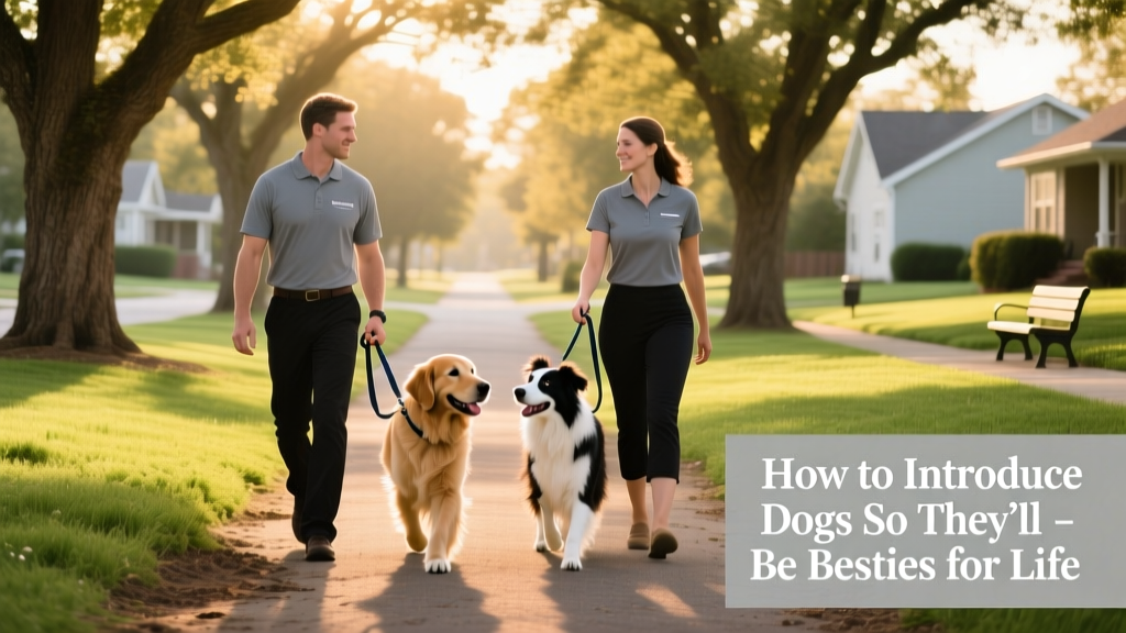 Two handlers walking parallel on opposite sides of a quiet, tree-lined street with green space