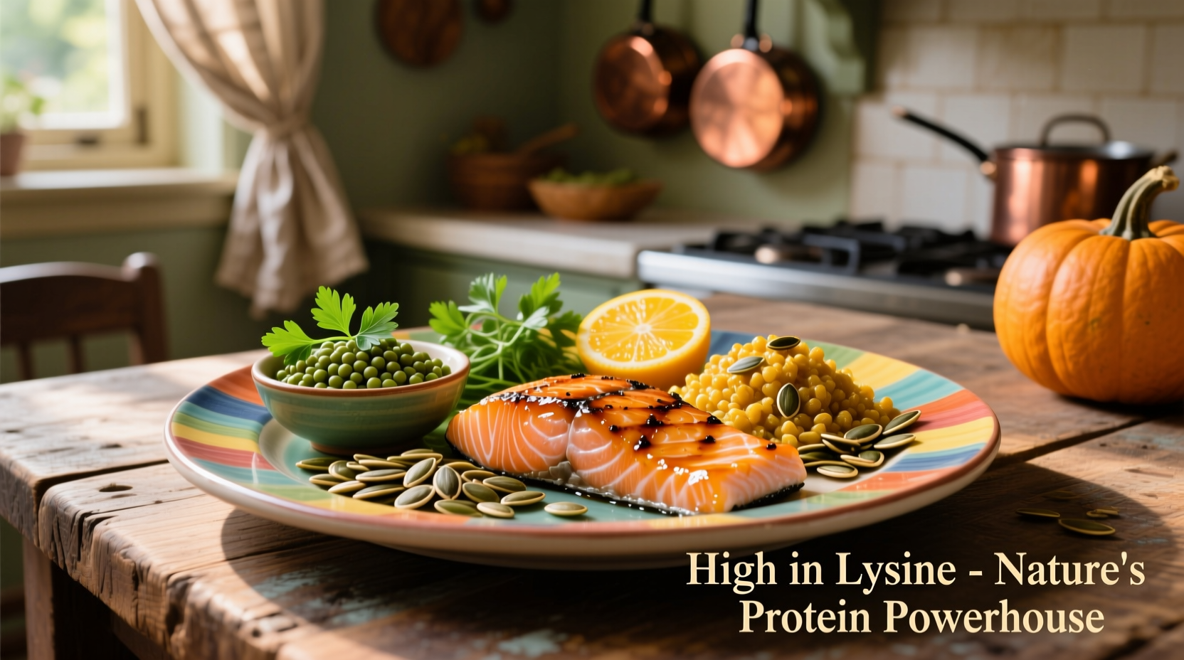 Colorful plate of lysine-rich foods including fish, lentils, and pumpkin seeds