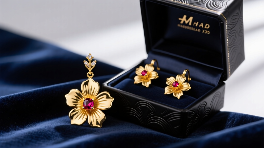 Elegant velvet gift box opening to reveal 18k gold hibiscus drop earrings with ruby centers resting on dark navy fabric
