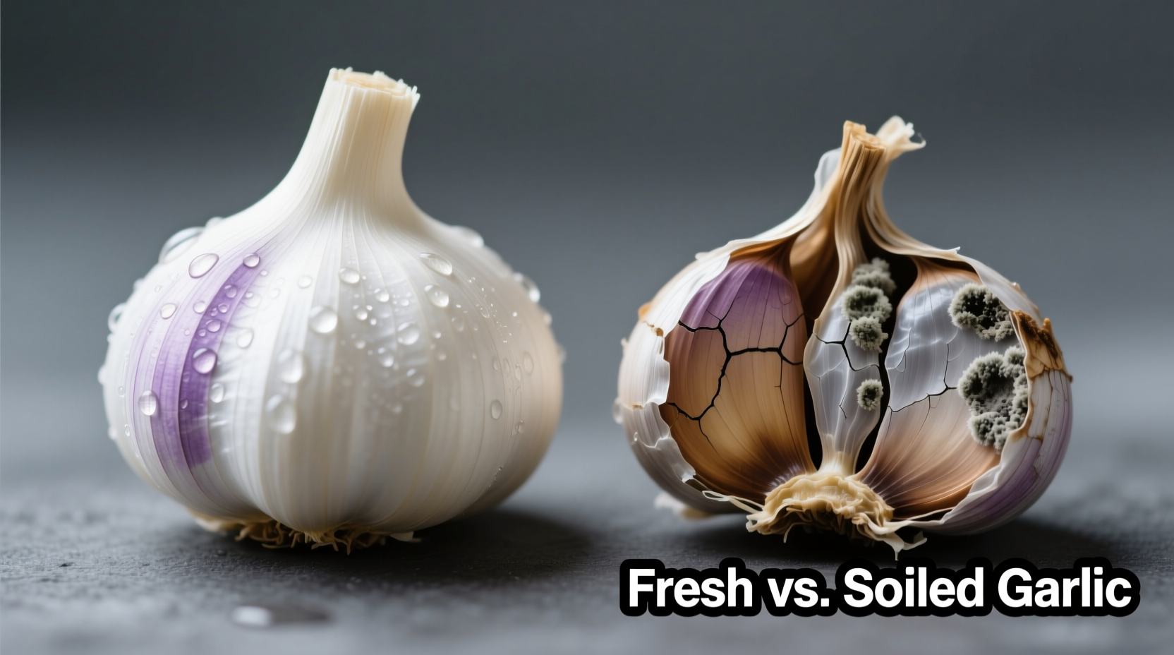 Close-up comparison of fresh versus spoiled garlic cloves