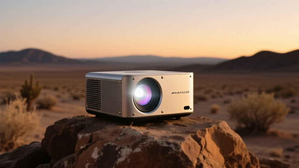 A rugged portable projector sitting on a rocky outdoor surface at dusk, showcasing its scratch-resistant aluminum chassis and glowing lens.