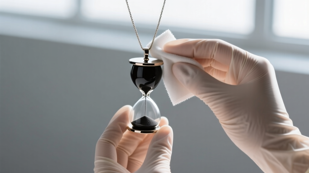 Hands wearing nitrile gloves gently wiping a cold enamel Sunagakure hourglass pendant with a dry microfiber polishing cloth