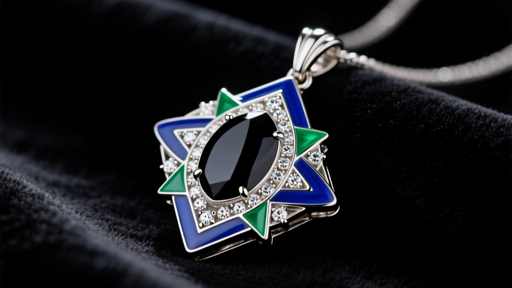 Macro shot of a platinum and onyx Art Deco pendant on black velvet, showing geometric enamel and old mine diamond accents.