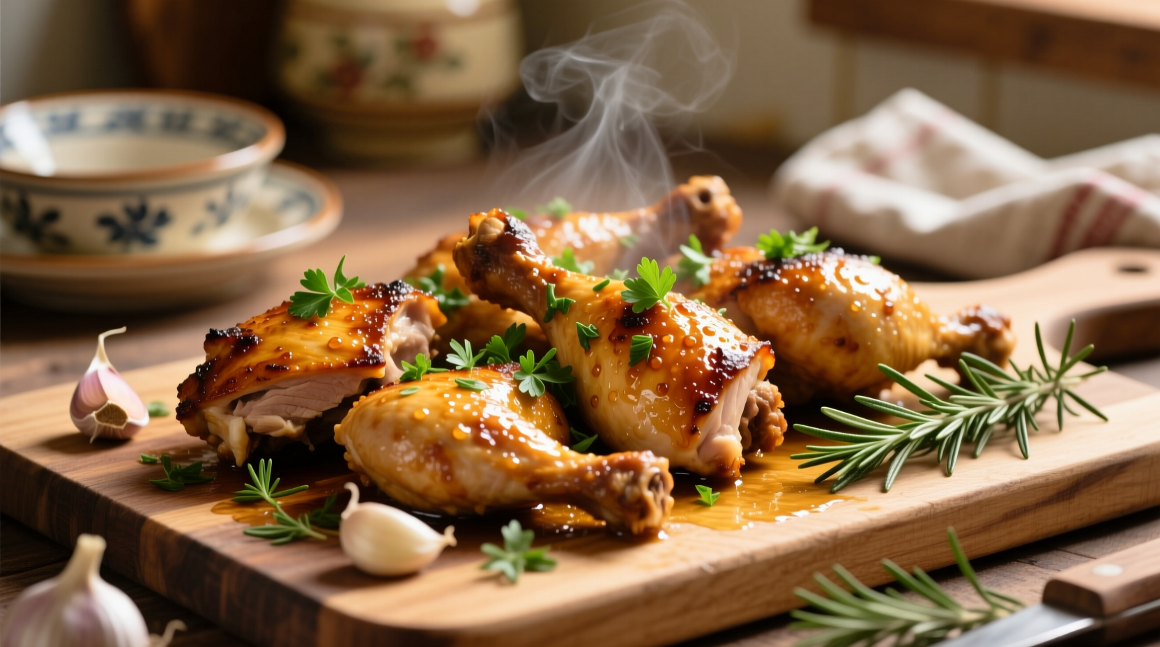 Golden brown garlic chicken with fresh herbs