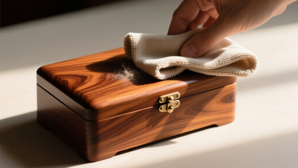 Soft microfiber cloth wiping dust off a polished cherry wood woodworking jewelry box, revealing the rich grain pattern beneath