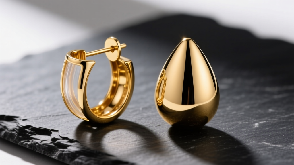 Hollow 14k gold tube earrings next to solid 18k gold teardrops on dark slate, showing material thickness and weight contrasts.