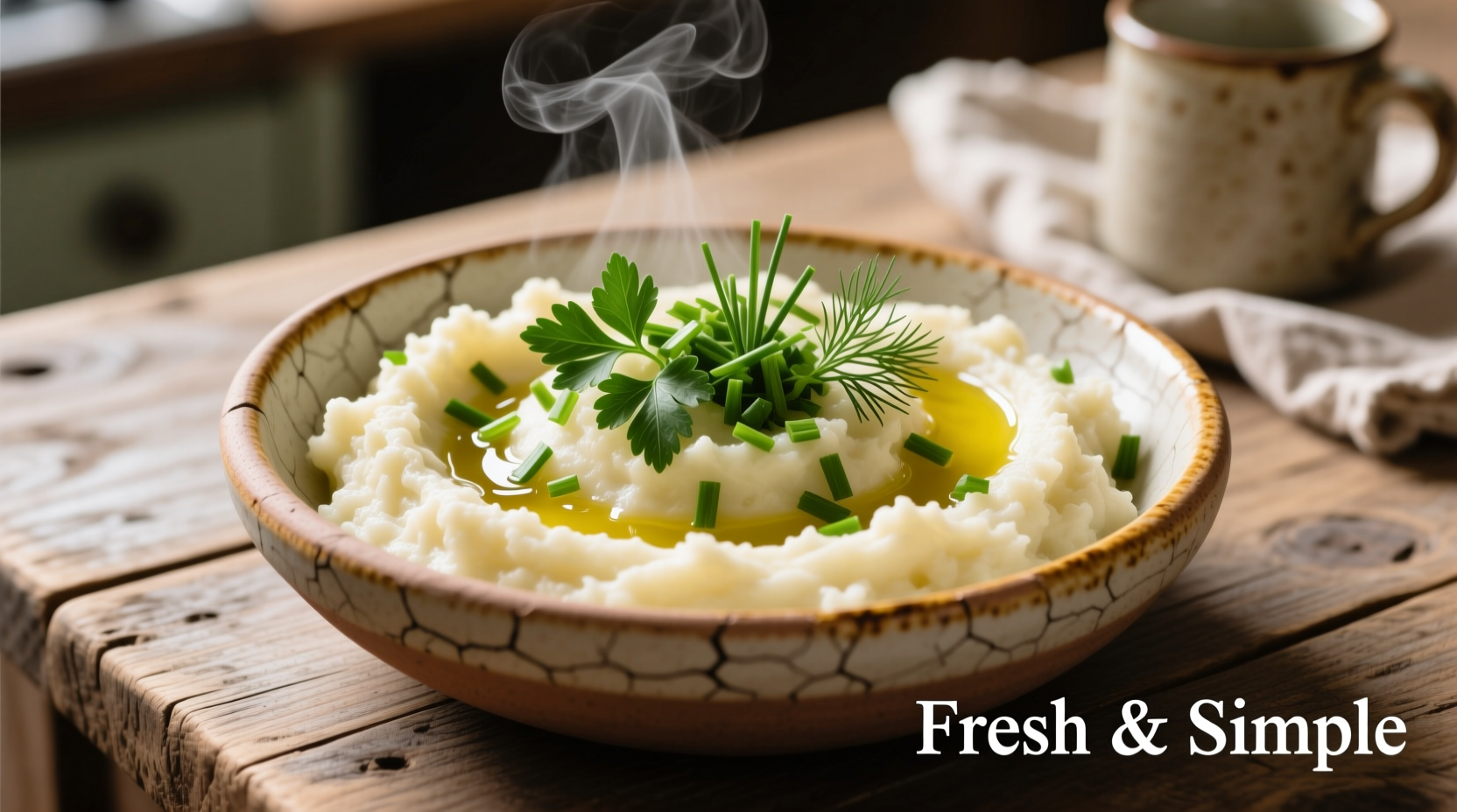 Cauliflower mash served in rustic bowl with fresh herbs