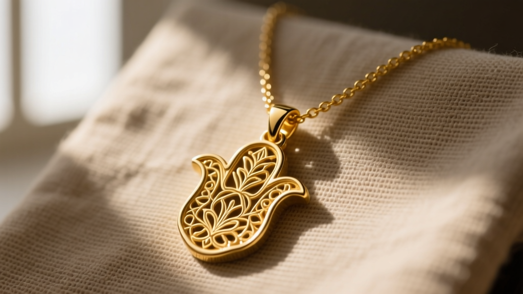 Close-up of a 14k solid gold hand necklace hamsa on textured linen, soft window light highlighting filigree details.
