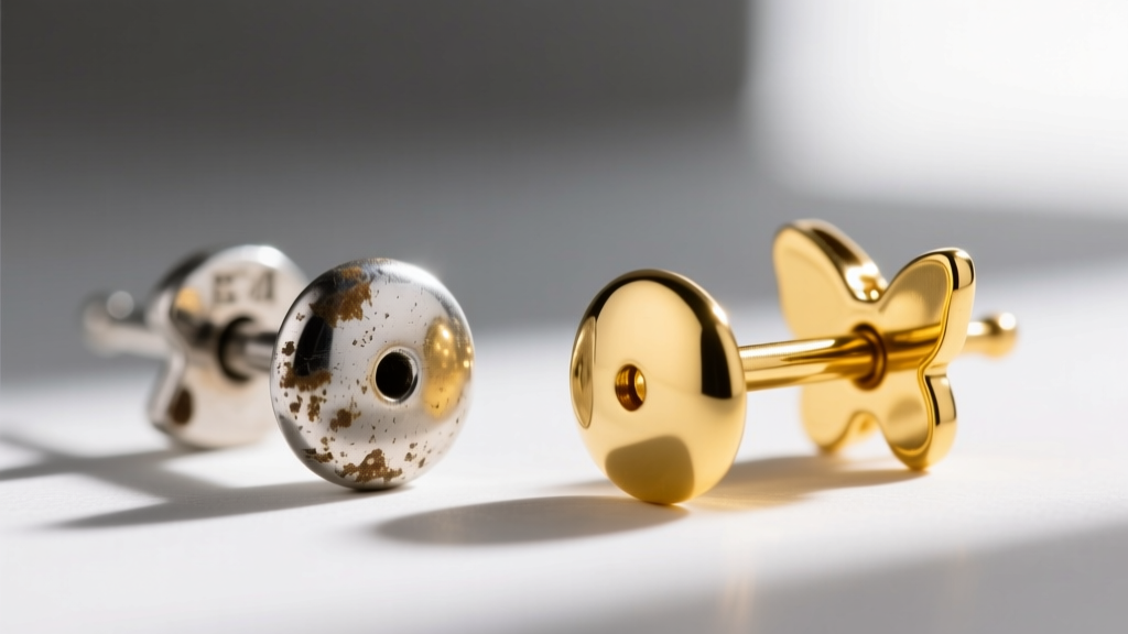 Close-up comparing a tarnished silver earring post next to a bright 18-gauge solid 14k yellow gold post with a butterfly back