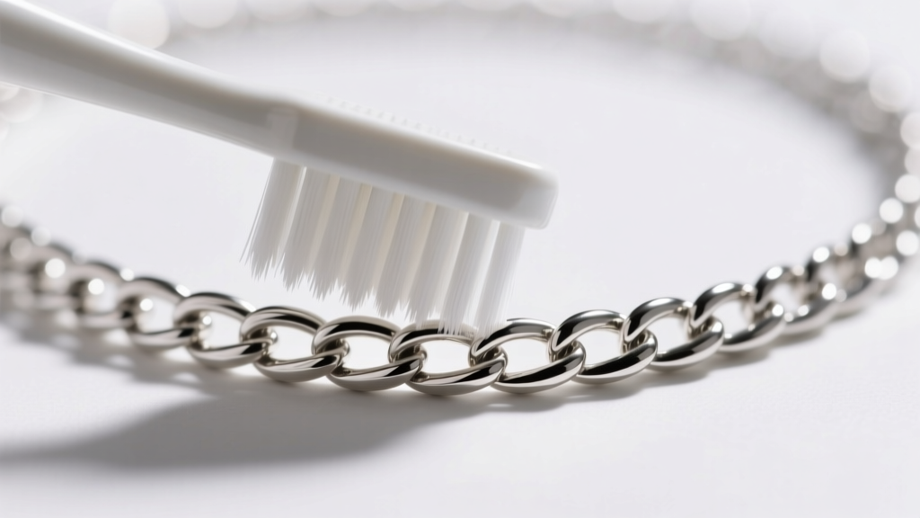 Macro photography of a soft-bristled toothbrush gently cleaning the intricate links of a sterling silver box chain necklace.