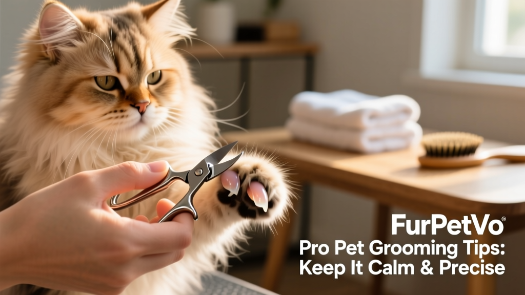 Close-up of a person’s hand carefully trimming a cat’s front paw nail with FurPetVo clippers