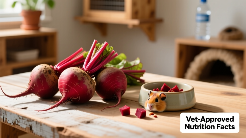 Fresh raw red beets on a clean wooden surface next to a small guinea pig food bowl