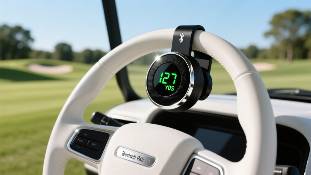 Sleek black Bluetooth golf speaker with magnetic mount attached to a white golf cart steering wheel displaying bright green yardage numbers