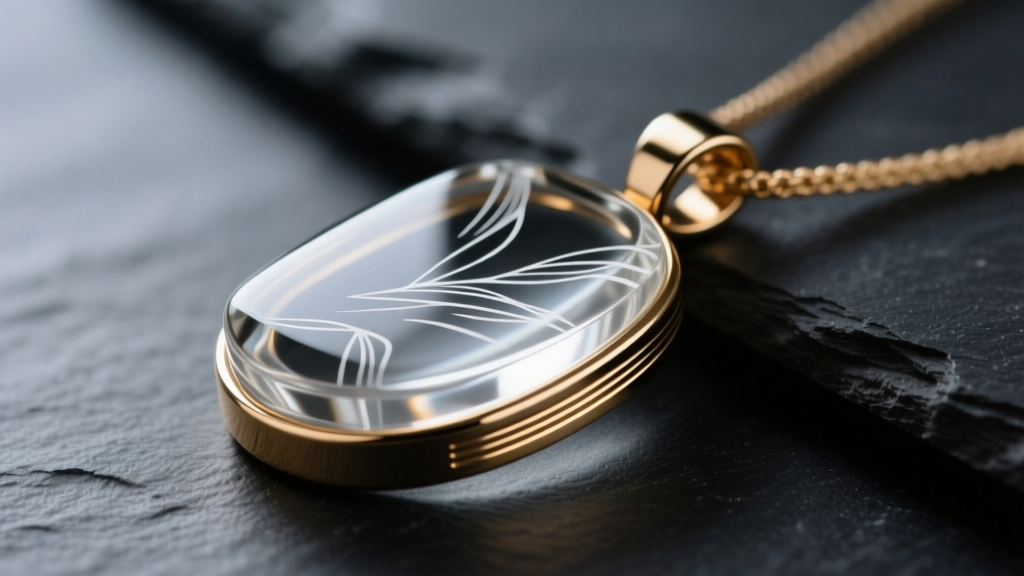 Side profile of fake acid-etched glass pendant lacking microscopic flaking, set in brass, photographed on a dark slate background