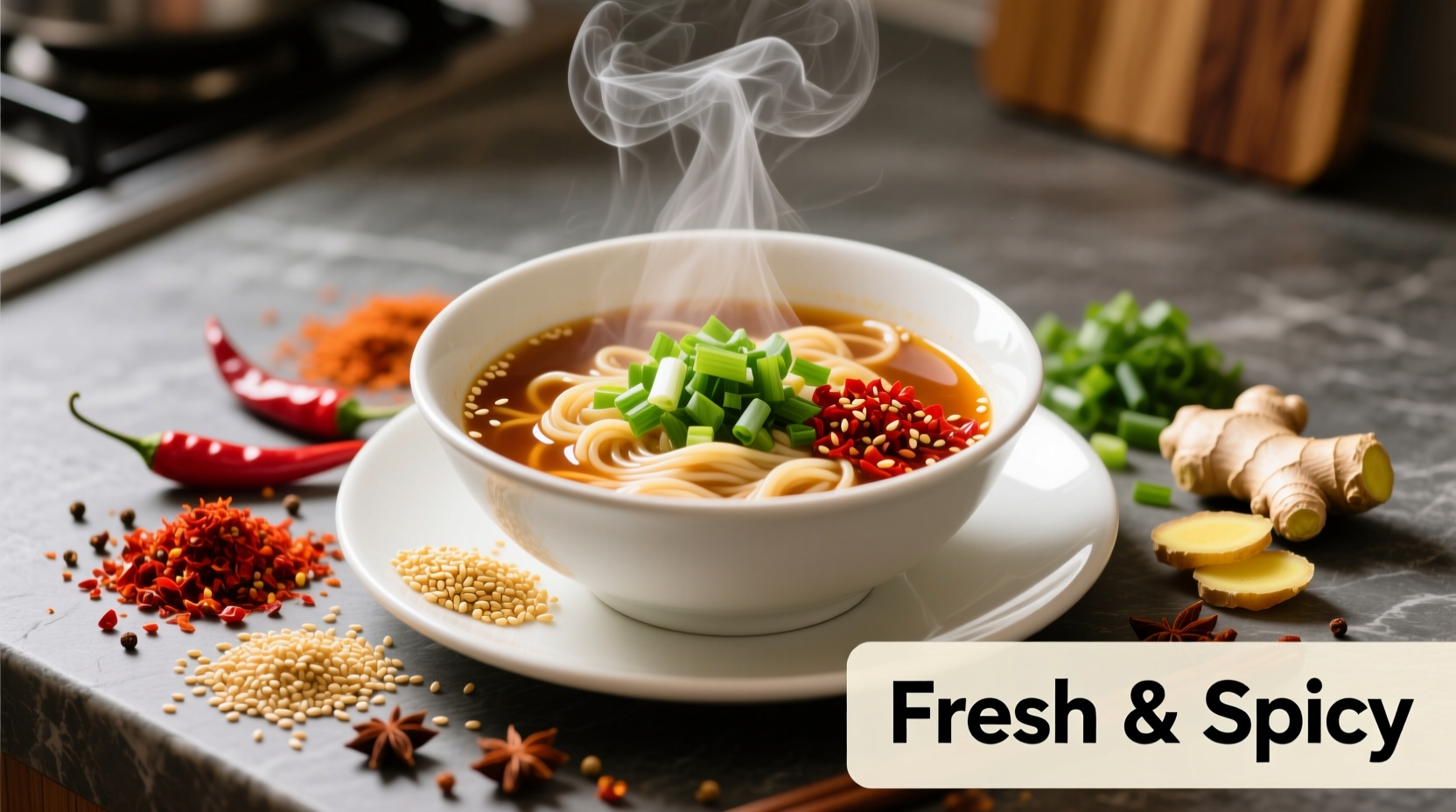 Fresh spices arranged around steaming ramen bowl