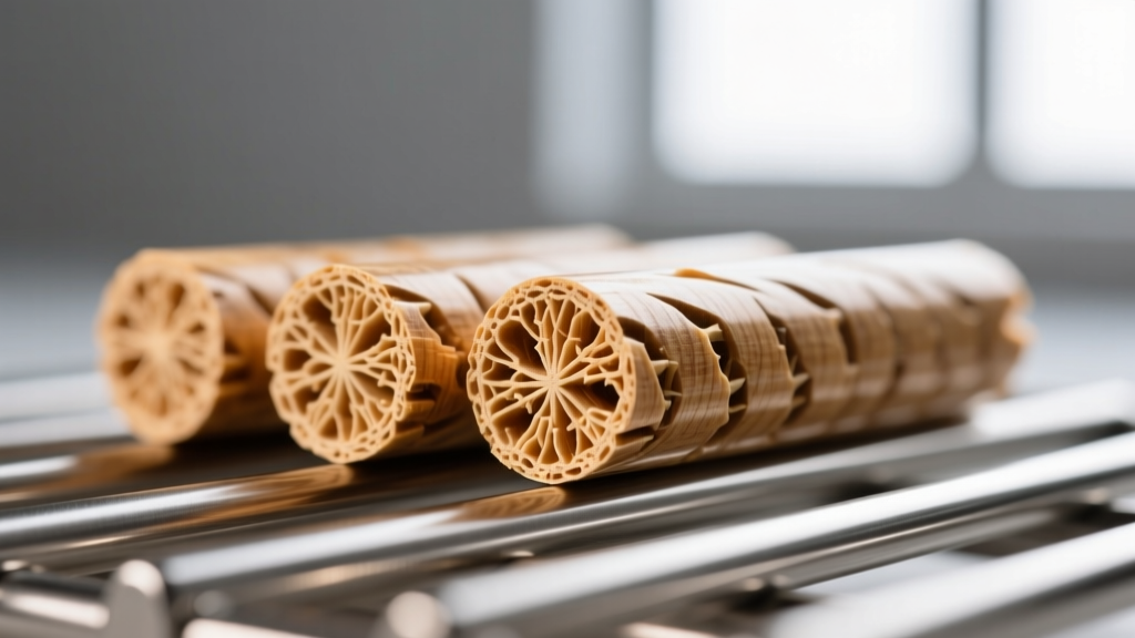 Cross-section macro photography of extruded wood pellets showing dense lignin structural binding and clean cylindrical edges on a steel grate
