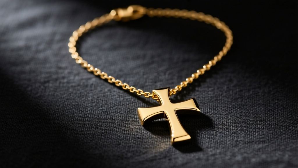 Polished 14k yellow gold 3 cross necklace on dark charcoal linen, showing beveled edges and 1.5mm box chain under soft lighting.