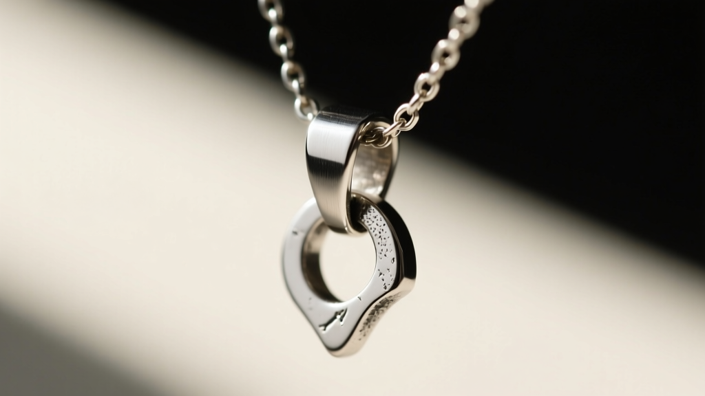 Macro shot of off-center silver pendant bail on a 2mm chain, showing the asymmetric solder joint and brushed metal texture detail