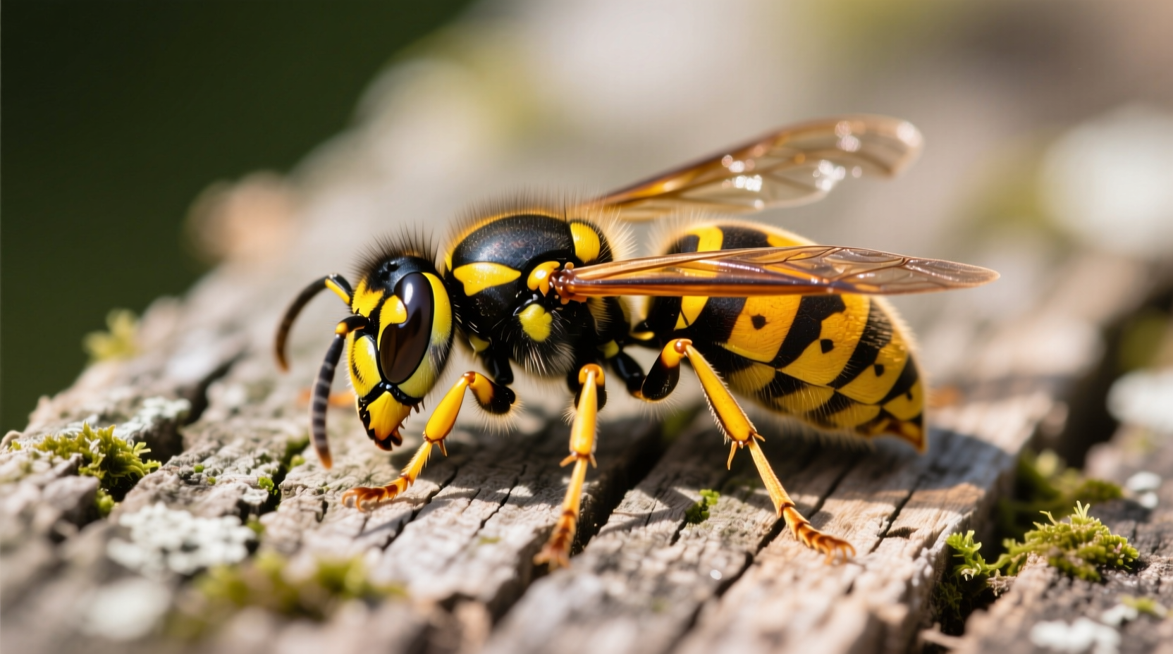 Close-up of common yellowjacket wasp on wooden surface