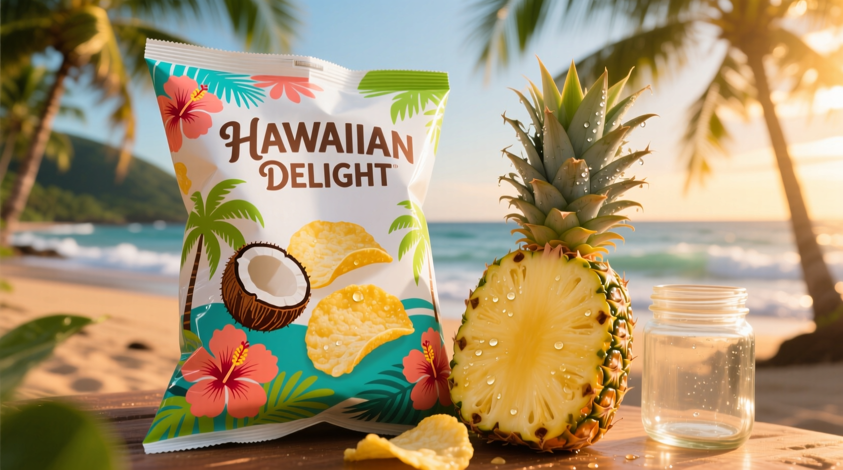 Hawaiian potato chips bag next to fresh pineapple