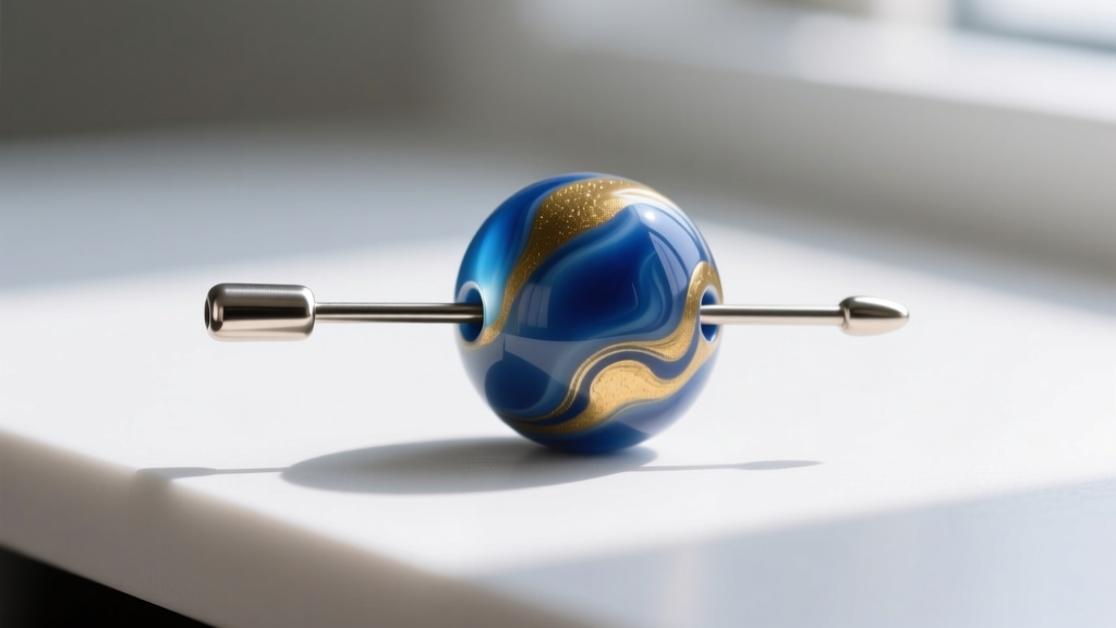 Macro shot of a titanium headpin threaded through a perfectly round, marbled blue and gold polymer clay bead on a clean workbench.
