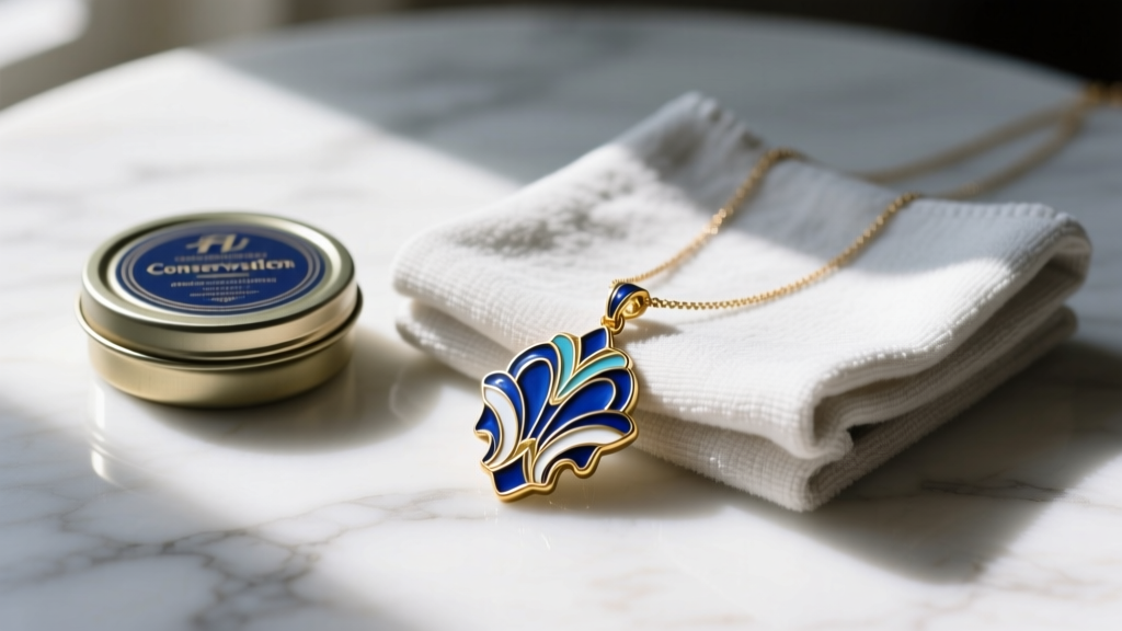 Microfiber cloth and a tin of conservation wax next to a vintage-style enameled pendant necklace resting on a white marble surface.