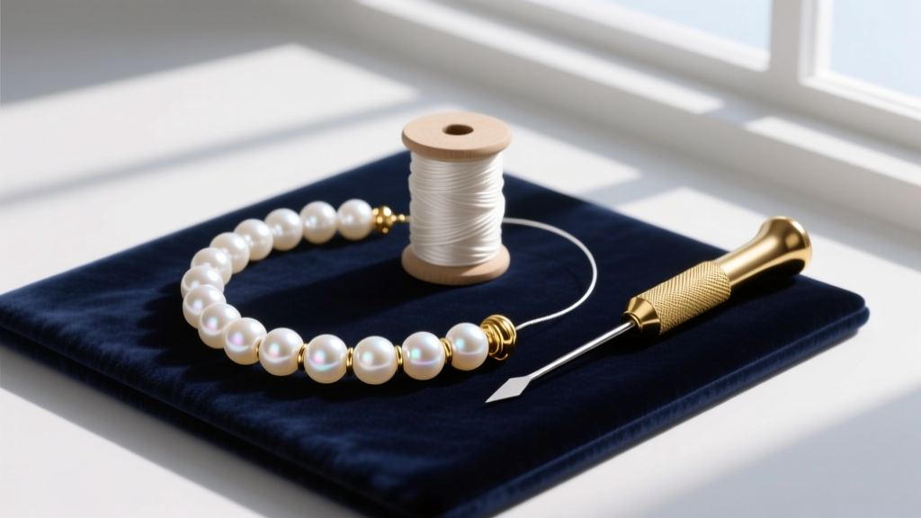 Overhead flat lay of white Akoya pearls, small 14k gold spacer beads, silk thread, and a beading awl on a dark velvet pad.