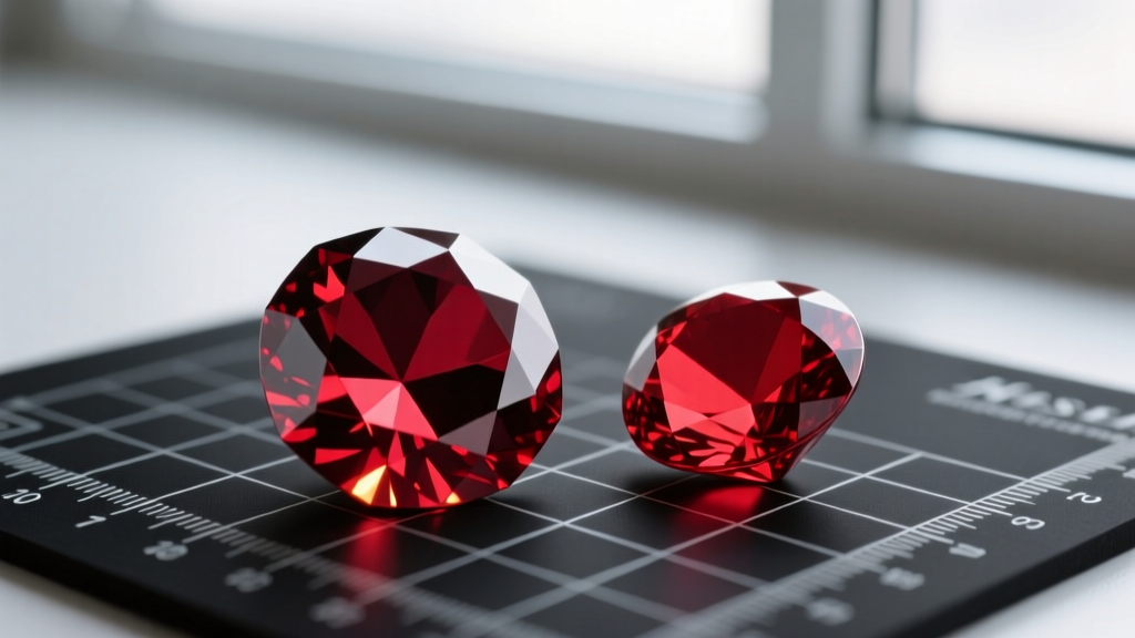 Faceted pyrope garnet and lab-created ruby side-by-side, showing their distinct red light refractions on a gemological mat.