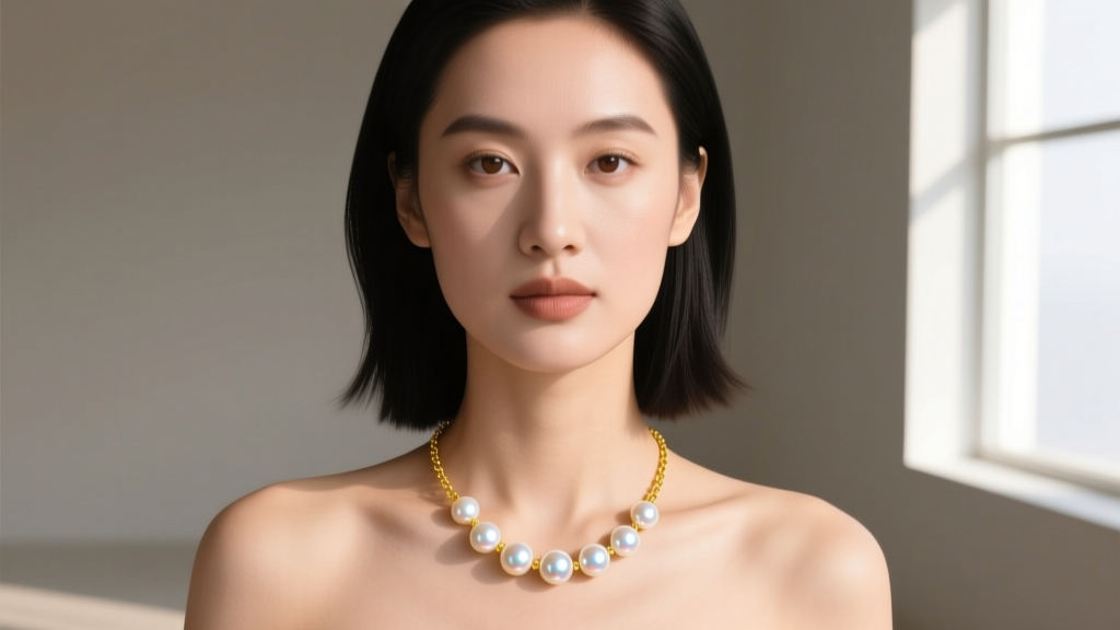 Woman wearing a 14k yellow gold necklace featuring perfectly matched 7mm white Akoya pearls with brilliant mirror-like luster