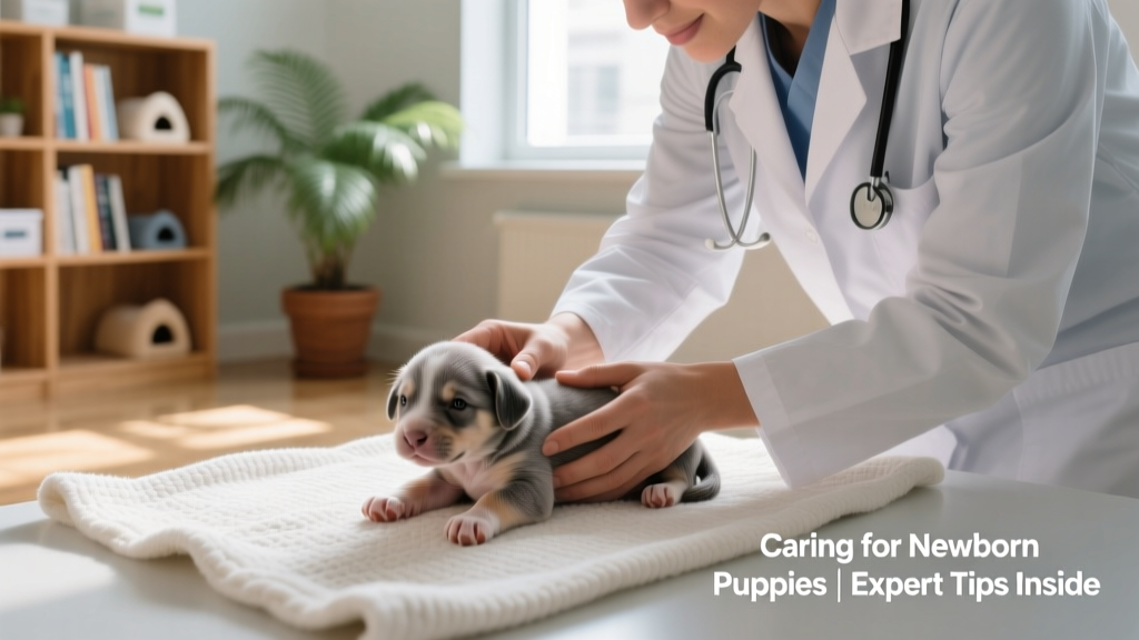Veterinarian gently examining a newborn puppy during a wellness checkup