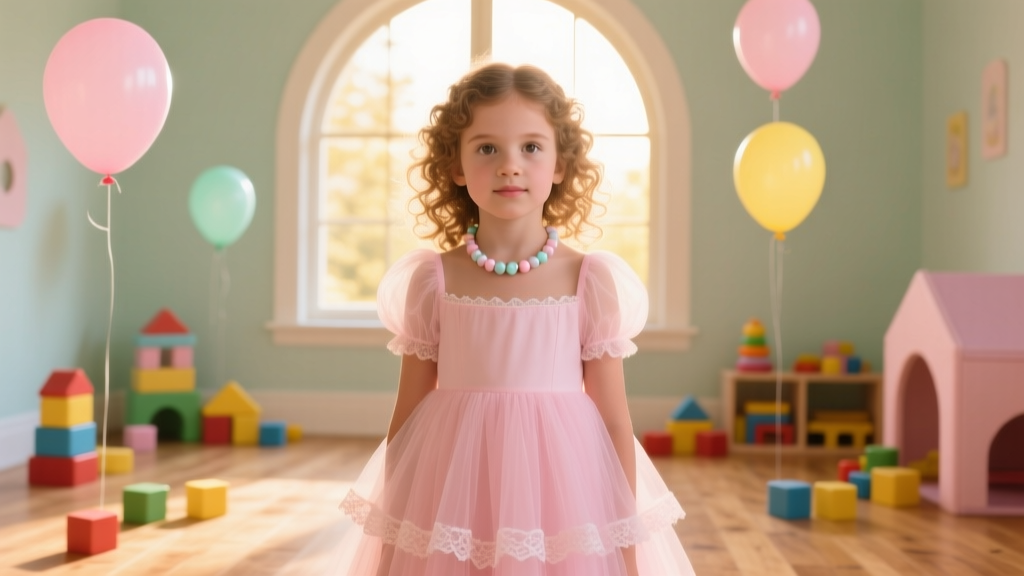 Young girl wearing a pastel-beaded breakaway necklace over a pink tulle princess dress in a bright, sunlit playroom setting.
