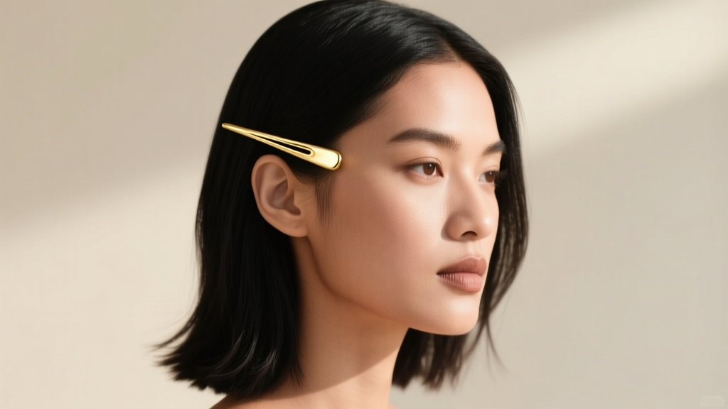 Model wearing a 14-karat gold hair stick, showing proper weight distribution and a comfortable secure fit against the scalp