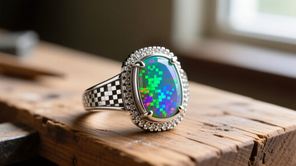Sterling silver opal ring inspired by retro pixel art, featuring a bezel-set Australian boulder opal on a wooden crafting table.