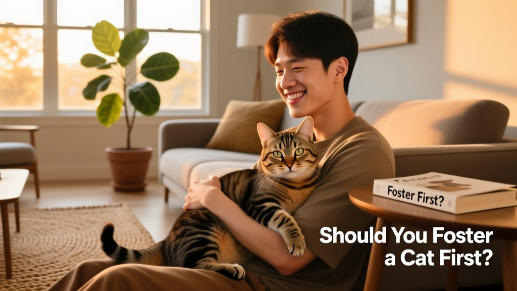 A smiling person gently holding a relaxed tabby cat on their lap in a sunlit living room