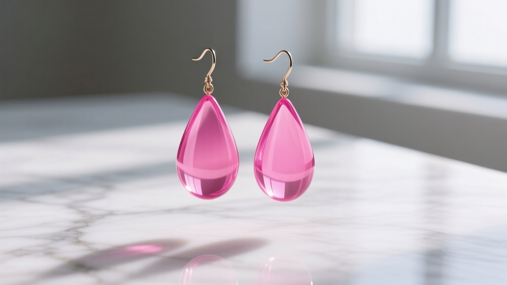Close-up of vibrant fuchsia pink cellulose acetate drop earrings on marble, highlighting translucent lightweight material texture