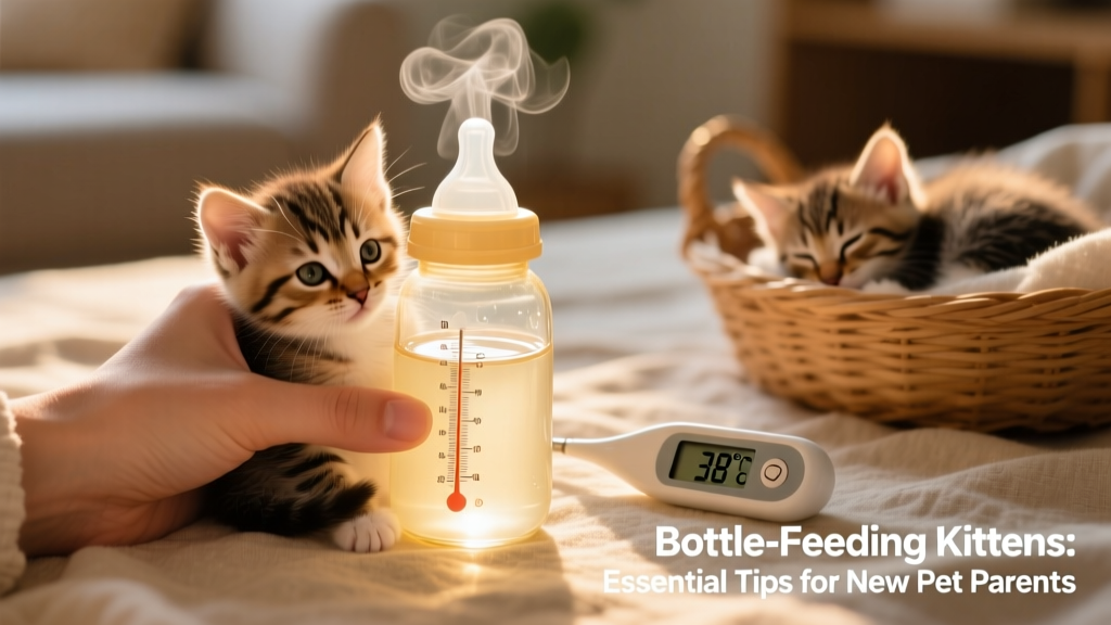 Hand holding a kitten bottle submerged in warm water, with a thermometer nearby