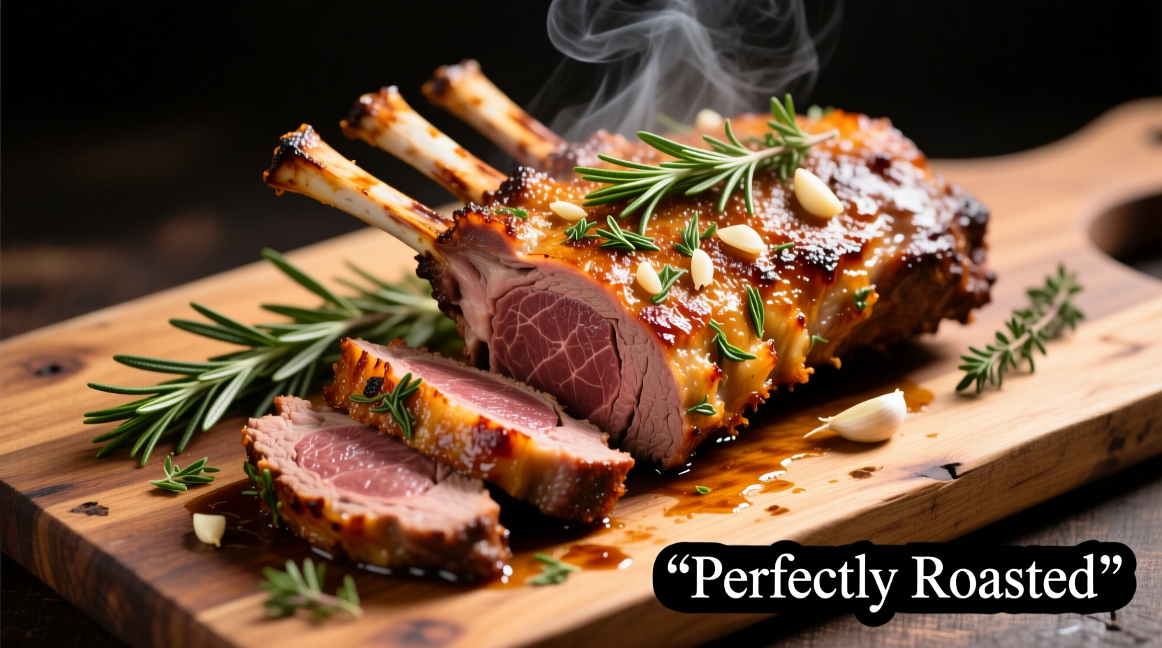 Perfectly roasted lamb rack with herb crust on wooden board