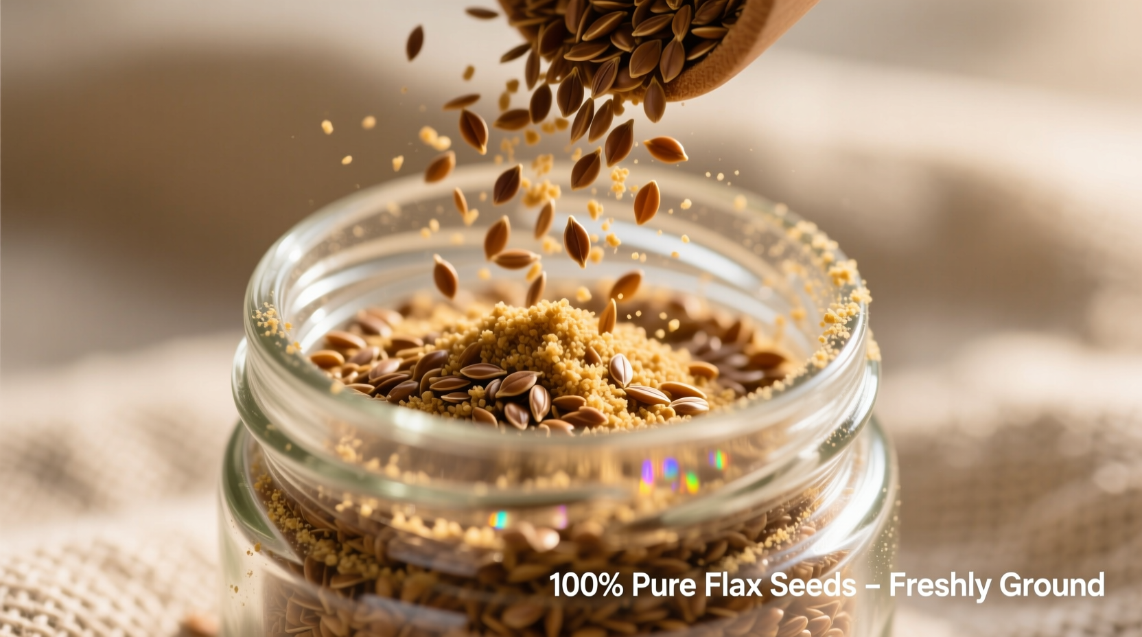 Freshly ground flax seeds in a glass container