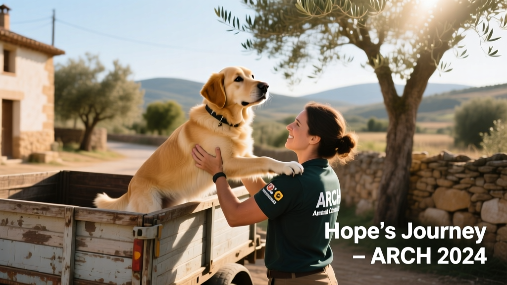Hope being carefully loaded onto a transport trailer in Spain, surrounded by caring volunteers from ARCH