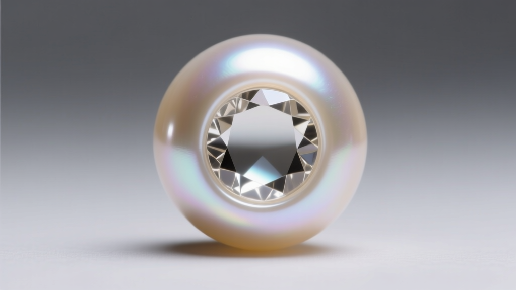 Macro shot of a simulated glass-core fashion pearl bead reflecting a soft ring light against a neutral gray studio background
