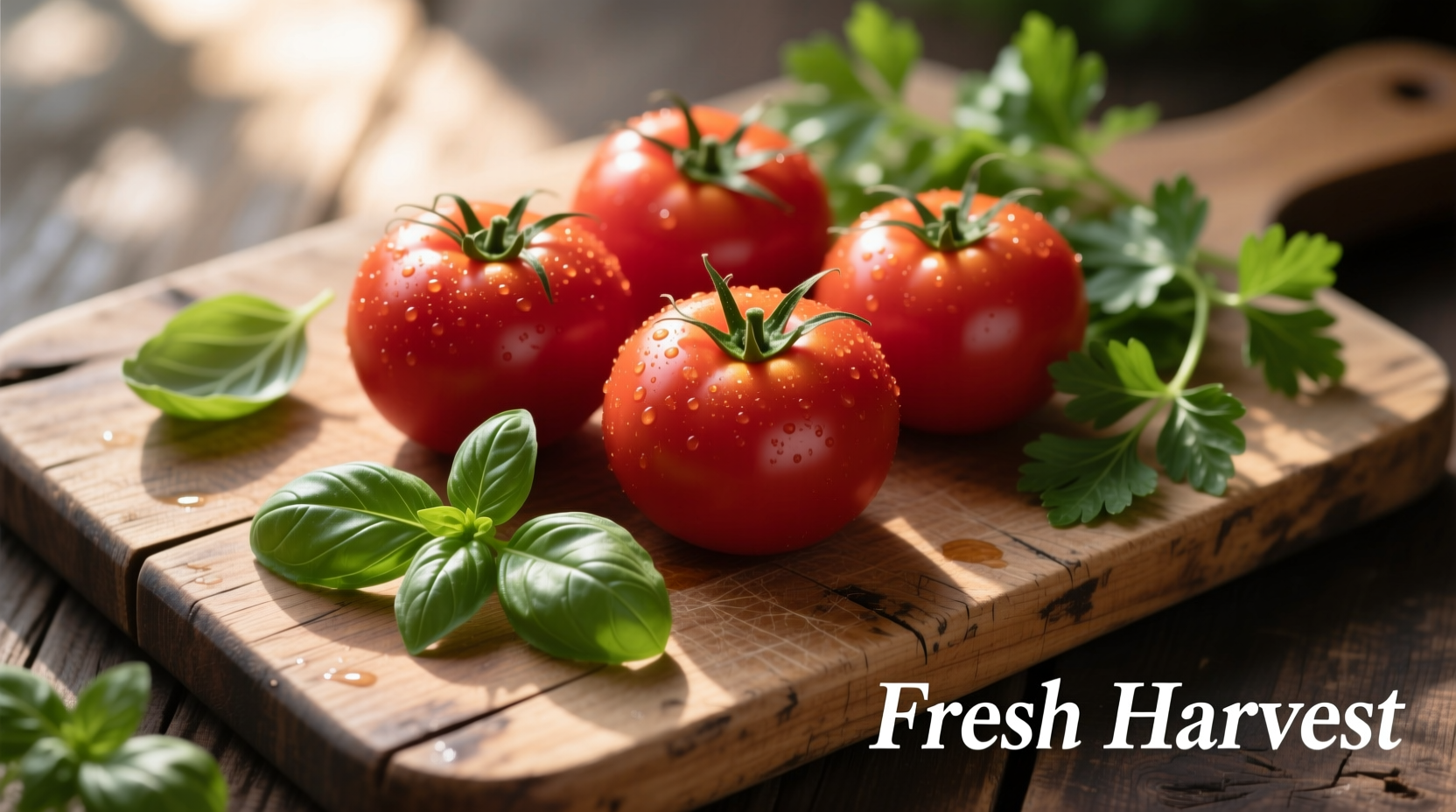 Roma tomatoes on wooden cutting board with fresh herbs