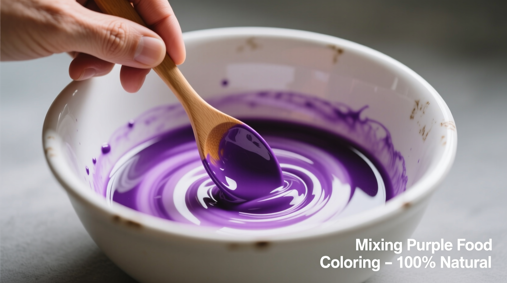 Hand mixing purple food coloring in white bowl