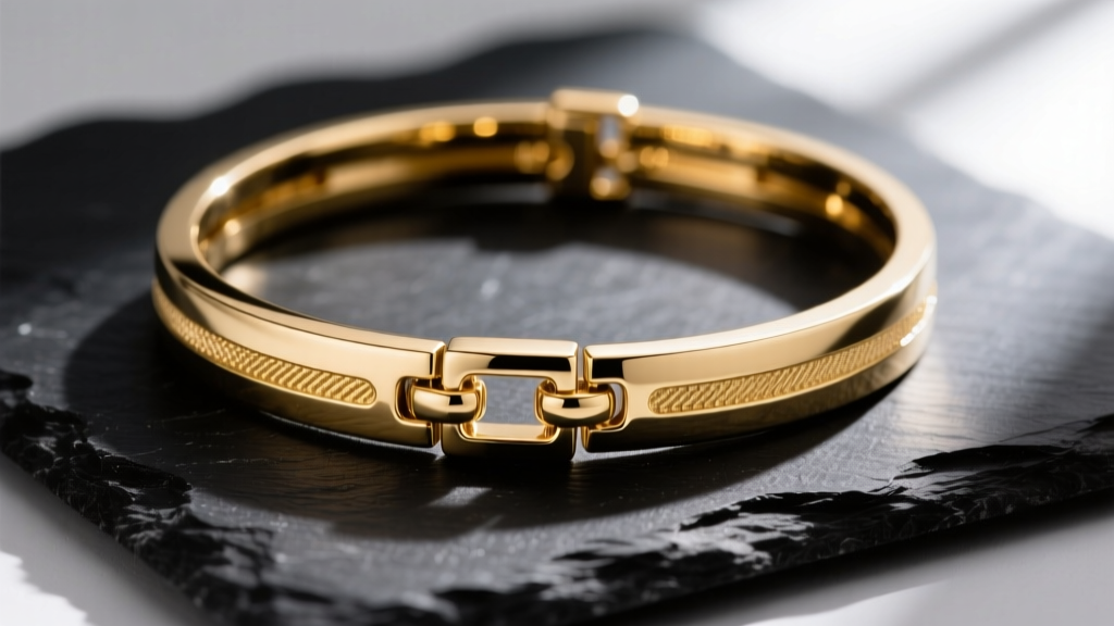 Macro shot of a polished 14k gold rigid necklace collar on dark slate, highlighting a seamless hinge clasp mechanism.